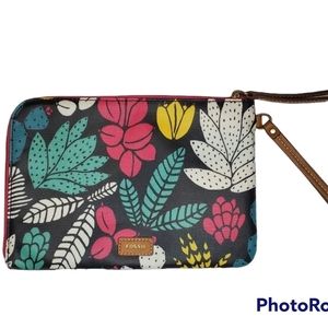 Fossil wristlet wallet zippered clutch 9x6 pvc coated tropical floral leaves
